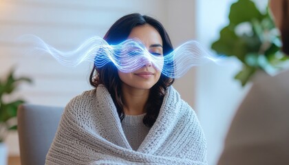 Woman relaxation wellness meditation mind body connection stress relief therapy mental health wellbeing waves