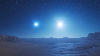 Twin suns over alien world cosmic landscape