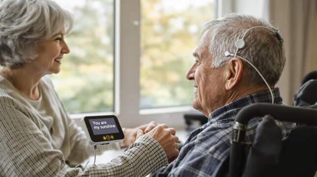 Elderly woman smiling while interacting with man using neurointerface