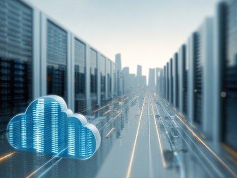 Blue Glowing Cloud With Data Servers In Cityscape