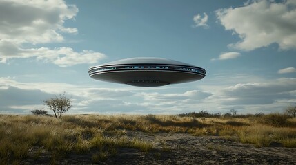 Ufo hovering over grassy landscape