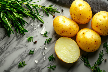 Fresh yellow potatoes with herbs and water droplets on a marble surface