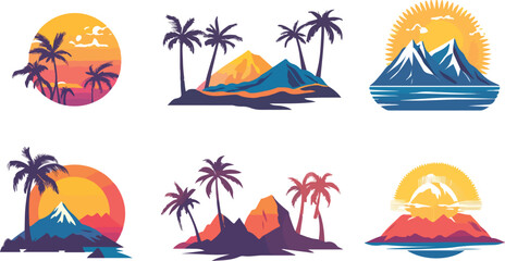Obraz premium Tropical Island Landscape Collection with Palm Trees Mountains and Sunsets