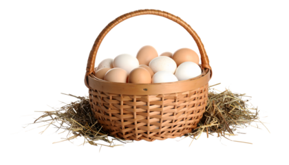 A wicker basket brimming with fresh brown and white eggs rests on a bed of hay isolated on transparent background.