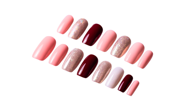 Press-On Nail Set, Pink and Burgundy Nails, Glitter Press-Ons, False Nails Kit, Manicure Collection