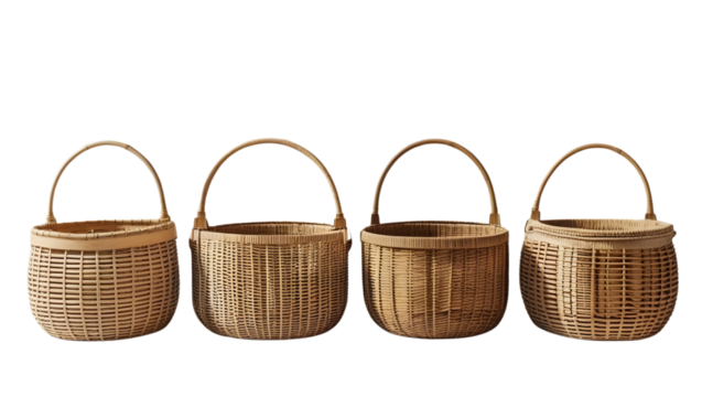 Vintage rattan storage baskets arranged in one horizontal line, equally spaced, on transparent background, no shadow, product mockup for stock photography png cut out
