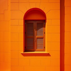 Obraz premium Vibrant Orange Architectural Facade with Arched Window, Dark Wooden Shutters, and Textured Block Wall in Sunlight