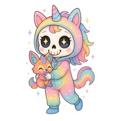A cute skeleton child in a rainbow unicorn onesie holding a small colorful unicorn plush toy, both sparkling with starry details.