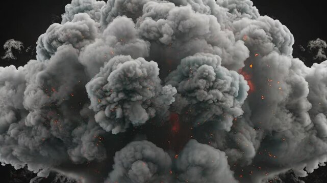 High-impact ground-level explosion with fiery blast and dense, billowing smoke clouds, captured symmetrically on black background for VFX compositing