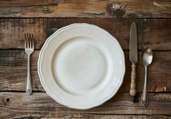 Elegant place setting with white plate on rustic wooden table surface