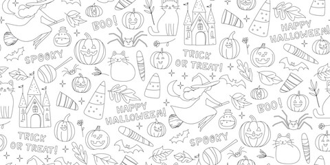 Halloween Seamless Doodle Pattern with Witches, Cats, Pumpkins and Candy Background. Cute Digital Paper Jack-o-Lanterns and Trick or Treat and Lettering Cozy Spooky Flat Cartoon Vector Illustration