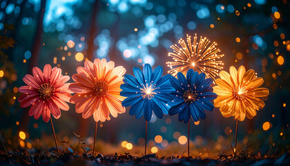 Fireworks Shaped Like Flowers Over Night Forest, Magical Dreamy Concept, Bokeh Edges
