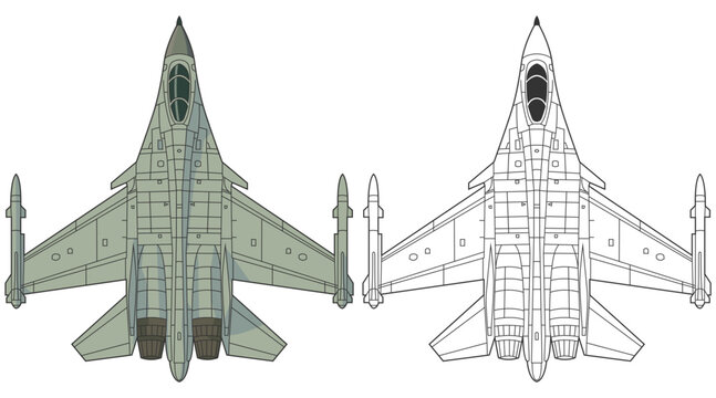 Set sukhoi su-37 military aircraft design in line art and colored style from top view. Vector illustrations colorful su-37 fighter jet. Outline drawing russia modern combat aeroplane.