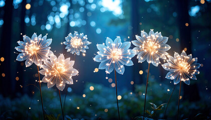 Fireworks Shaped Like Flowers Over Night Forest, Magical Dreamy Concept, Bokeh Edges