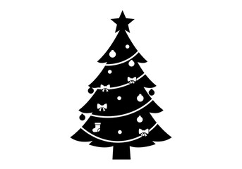 Fototapeta premium Black christmas tree silhouette with star, ornaments, bows, and stocking isolated on white background