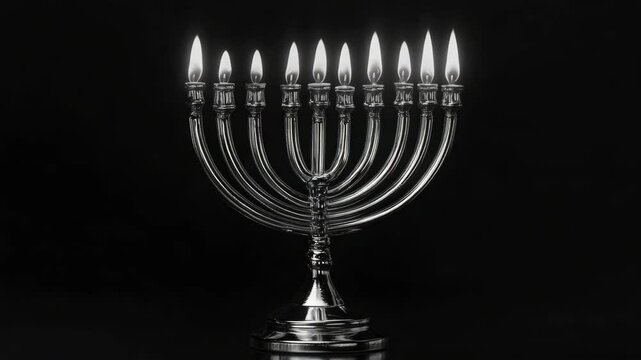 A silver candelabra with lit candles is displayed on a black background. The candles are arranged in a row, with some of them lit and others unlit. The candelabra is tall and narrow