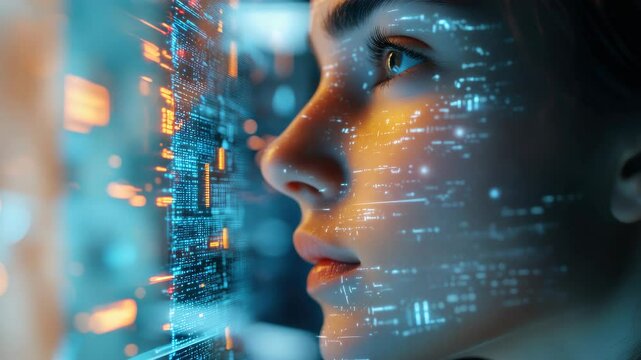 Woman with cybernetic enhancements and futuristic digital interface