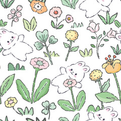 Cute white rabbit bunny take a rest in flower garden seamless pattern