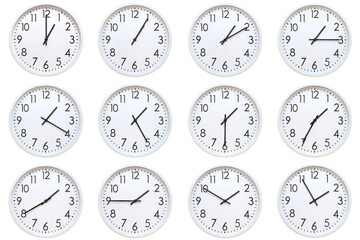 A set of 12 white analog wall clocks showing each hour from 01:00 to 01:55 or 13:00 to 13:55. Isolated on white background, suitable for time concept.