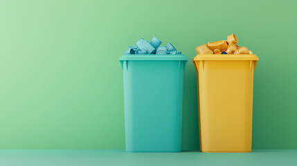 Two color-coded recycling bins, blue for plastics and yellow for paper waste, against a green background symbolizing eco-friendly waste management.