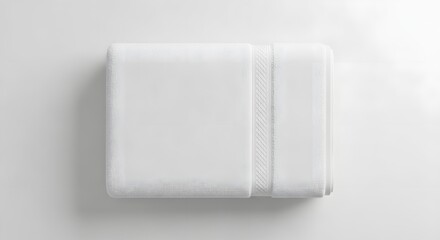 A neatly folded white towel, viewed from above, resting on a white surface