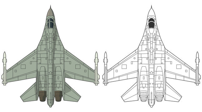 Set sukhoi su-27 military aircraft design in line art and colored style from top view. Vector illustrations colorful su-27 fighter jet. Outline drawing russia modern combat aeroplane.