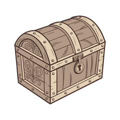 Vintage Wooden Treasure Chest with Lock, Hand Drawn Vector Illustration of Closed Pirate Chest, Antique Storage Box Isolated on White Background