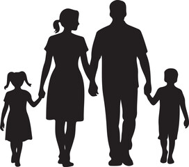 A serene family of four walks hand-in-hand, their silhouettes creating a simple yet evocative representation of unity and togetherness