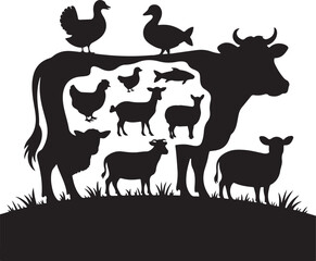animal in farm goat chicken duck cow silhouette