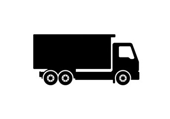 Isolated black silhouette of a delivery truck with a large cargo container on a white background