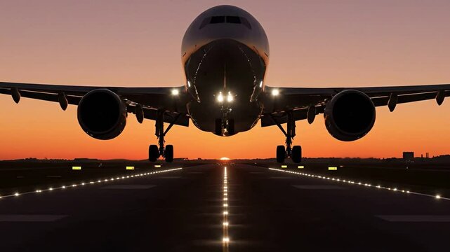 Airplane Landing on Runway at Sunset, Preparing for Landing at Golden Hour with Illuminated Runway Lights