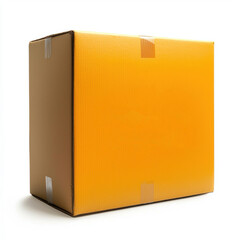 Close up of bright orange cardboard box with sealed tape, isolated on white background, symbolizing delivery or shipping