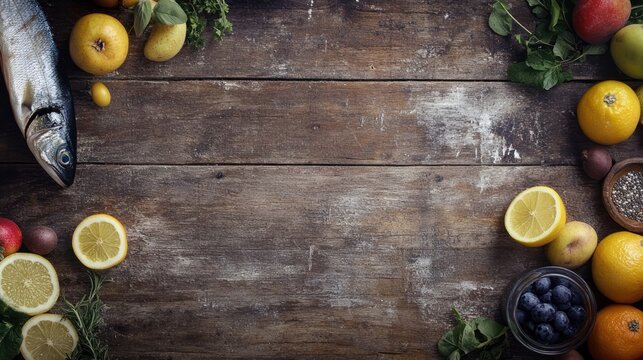 Fresh, vibrant produce and fish on a rustic wooden table