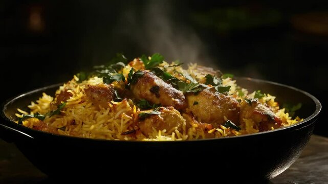 Close-up of baked chicken with spices, served over rice. Vibrant flavors from tandoor cooking.