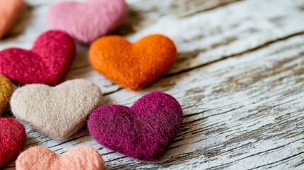 Colorful felt hearts scattered on a rustic wooden surface for love and craft decoration