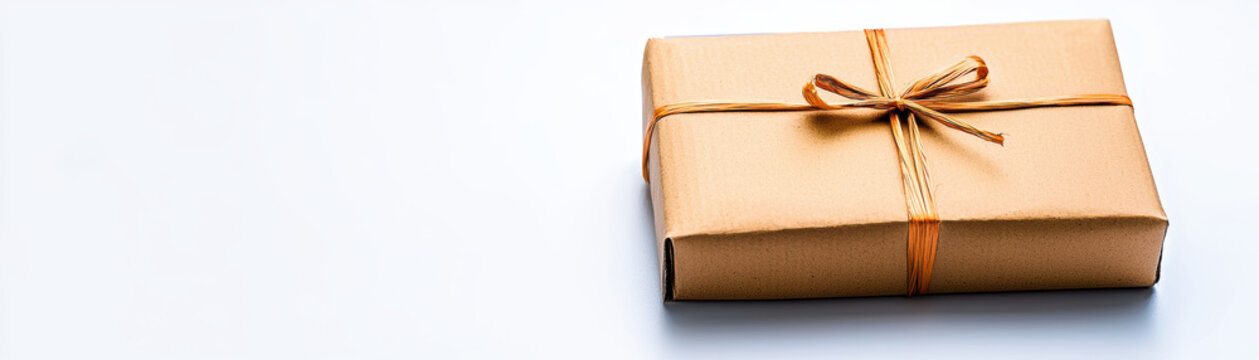 Neatly wrapped brown paper parcel tied with simple string bow, placed on clean white background