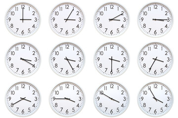A set of 12 white analog wall clocks showing each hour from 03:00 to 03:55 or 15:00 to 15:55. Isolated on white background, suitable for time concept.