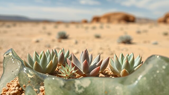 Succulents growing through Libyan desert glass