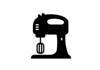 A black silhouette of a stand mixer with a beater on a white background in a vector graphic style