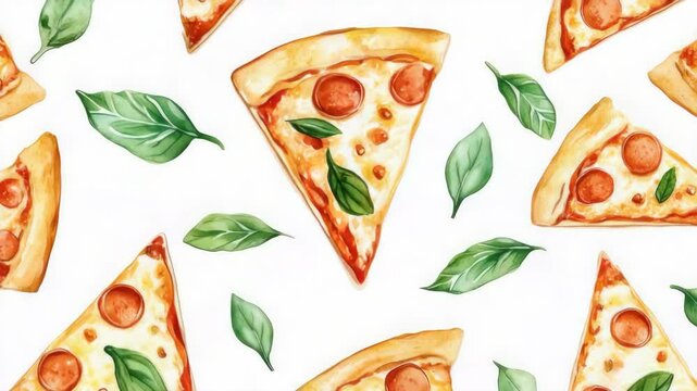 Repeating pattern of pizza slices with green leaves on a cream background.
