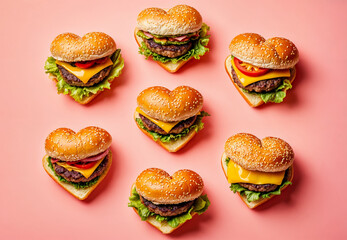 many heart shaped burgers seen from above on a pink pastel background, valentine's day ad wallpaper