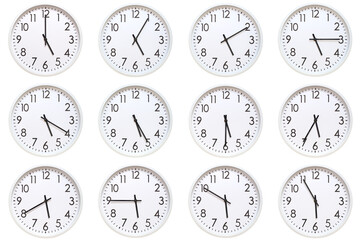 A set of 12 white analog wall clocks showing each hour from 05:00 to 05:55 or 17:00 to 17:55. Isolated on white background, suitable for time concept.