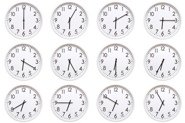A set of 12 white analog wall clocks showing each hour from 06:00 to 06:55 or 18:00 to 18:55. Isolated on white background, suitable for time concept.