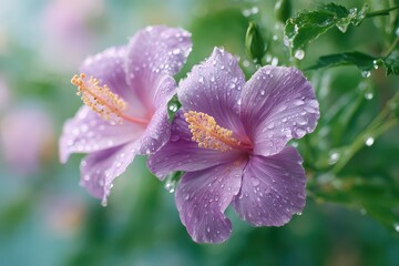 Delicate Pink Flowers with Water Drops in Lush Green Background