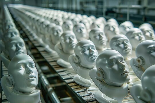 surreal identity clone factory with conveyor belts of faces on clones .