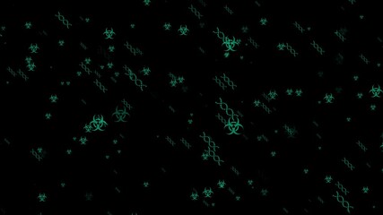This video features animated green biohazard and DNA symbols falling against a black background - Powered by Adobe