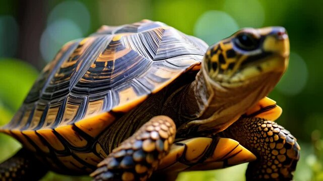 Close-up profile of a colorful turtle with an intricate patterned shell basking in soft light in a natural environment with green foliage.