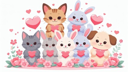 Naklejka premium Cute Cartoon Animals Like Cats, Dogs, and Bunnies Holding Hearts – Surrounded by Pink Flowers and Love Symbols, Soft Pastel Colors, Flat Vector Style on White Background, Valentine’s Day Clipart