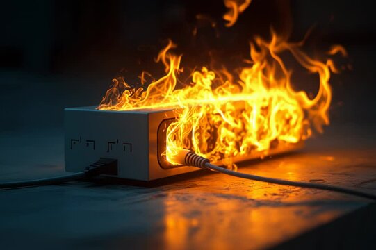 Electrical Fire Hazard: Power Strip with Flames