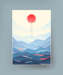 Landscape in traditional Asian style in blue tones.